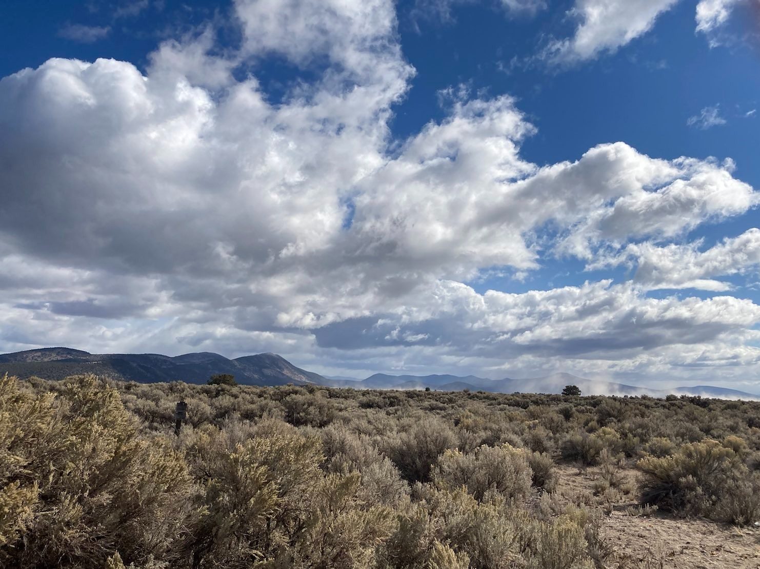 High desert with a mountain range in the distance. A sunny day with a thick layer of clouds over the mountains.